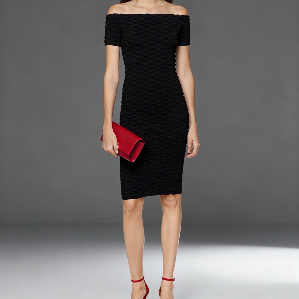 Michael‎ Kors Stretch-Viscose Off-the-Shoulder Dress Black Bodycon Textured XS